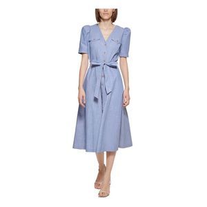 CALVIN KLEIN Womens Blue Button Down Tie Waist Unlined Pouf Sleeve Midi Dress 16